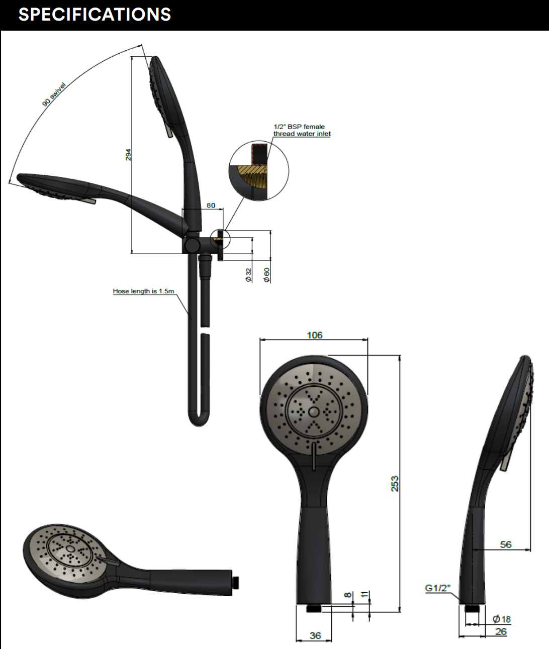 Meir Round Hand Shower on Swivel Bracket, Three Function Hand Shower, Lustre Bronze