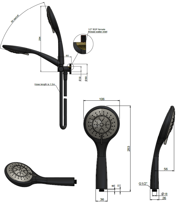 Meir Round Hand Shower on Swivel Bracket, Three Function Hand Shower, Matte Black