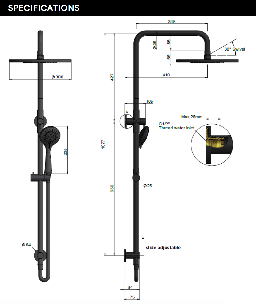 Meir Round Combination Shower Rail 300mm Rose, Three Function Hand Shower, Lustre Bronze