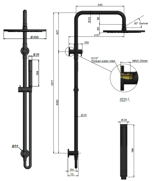 Meir Round Combination Shower Rail, 300mm Rose, Single Function Hand Shower, Champagne