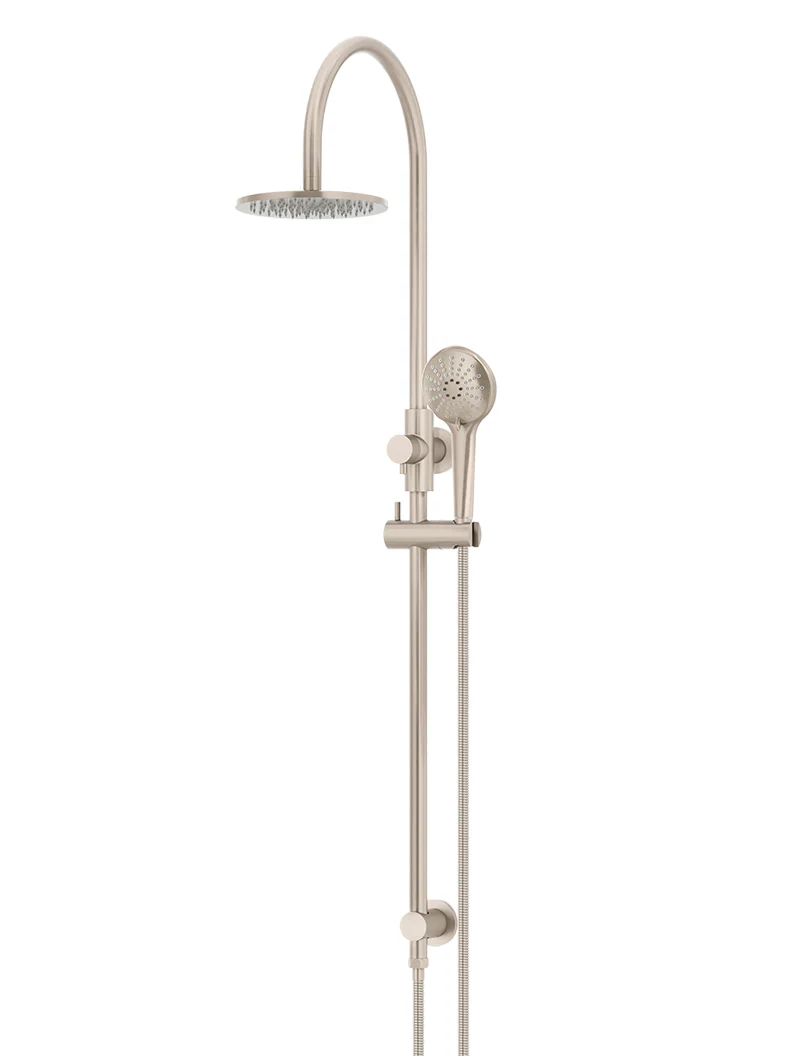 Meir Round Gooseneck Overhead Shower Set with 200mm Rose, Three-Function Hand Shower, Champagne