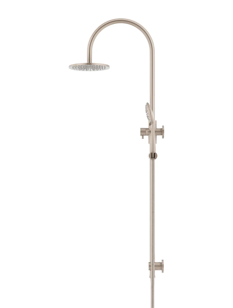 Meir Round Gooseneck Overhead Shower Set with 200mm Rose, Three-Function Hand Shower, Champagne