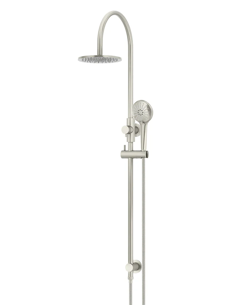Meir Round Gooseneck Overhead Shower Set with 200mm Rose, Three-Function Hand Shower, Brushed Nickel