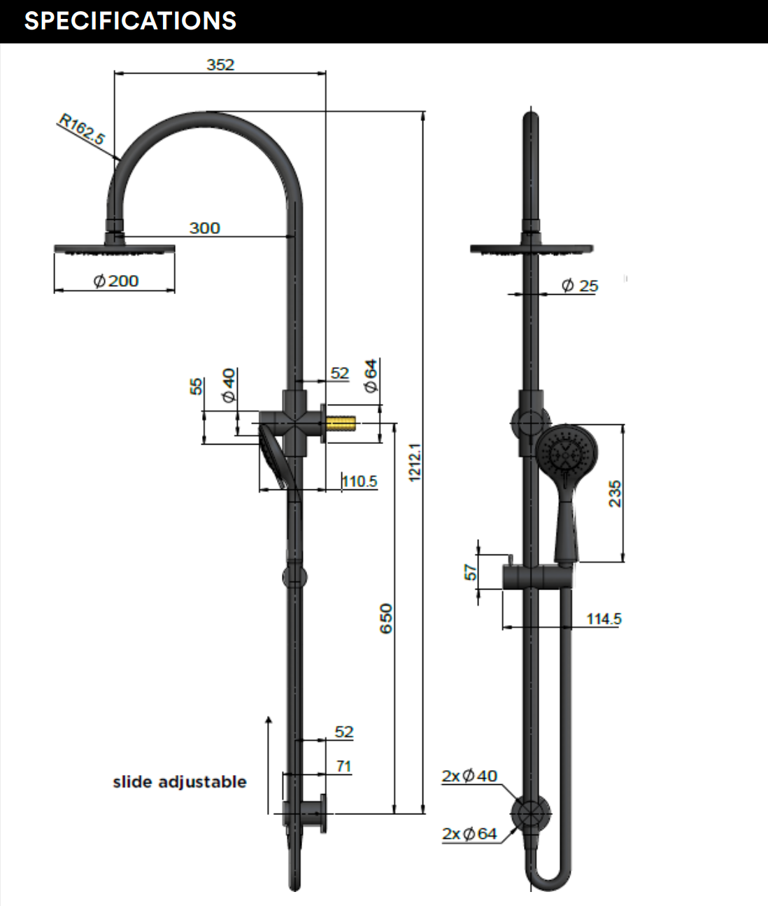 Meir Round Gooseneck Overhead Shower Set with 200mm Rose, Three-Function Hand Shower, Lustre Bronze