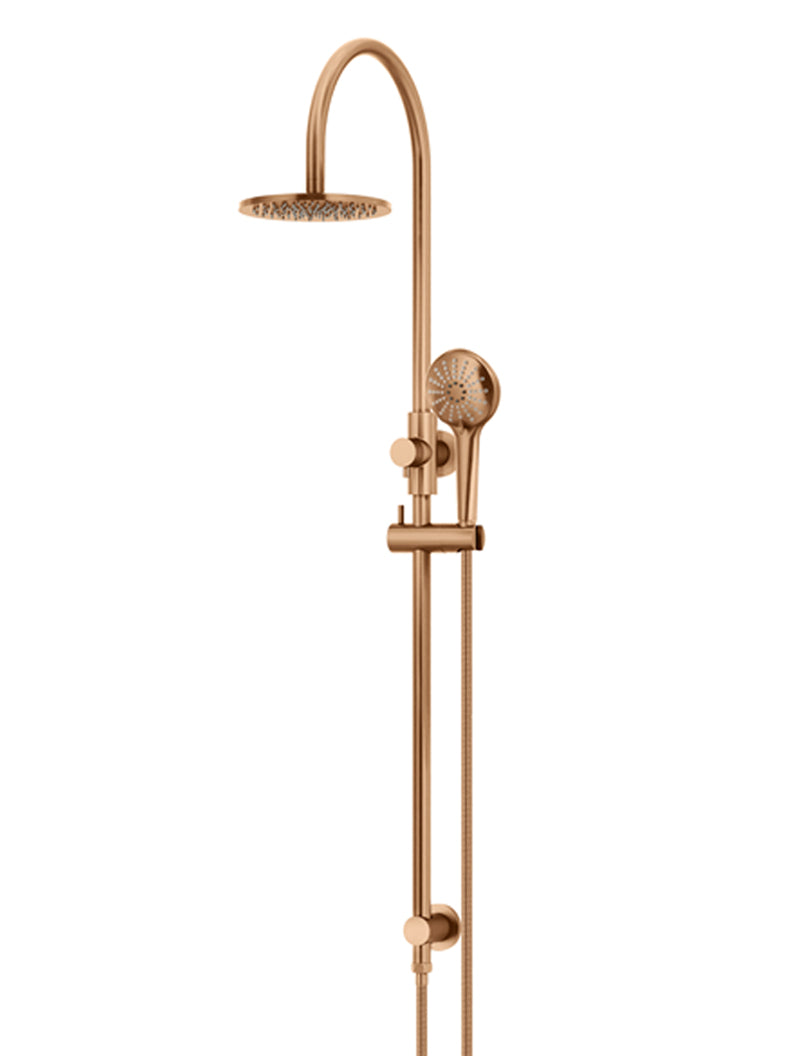 Meir Round Gooseneck Overhead Shower Set with 200mm Rose, Three-Function Hand Shower, Lustre Bronze