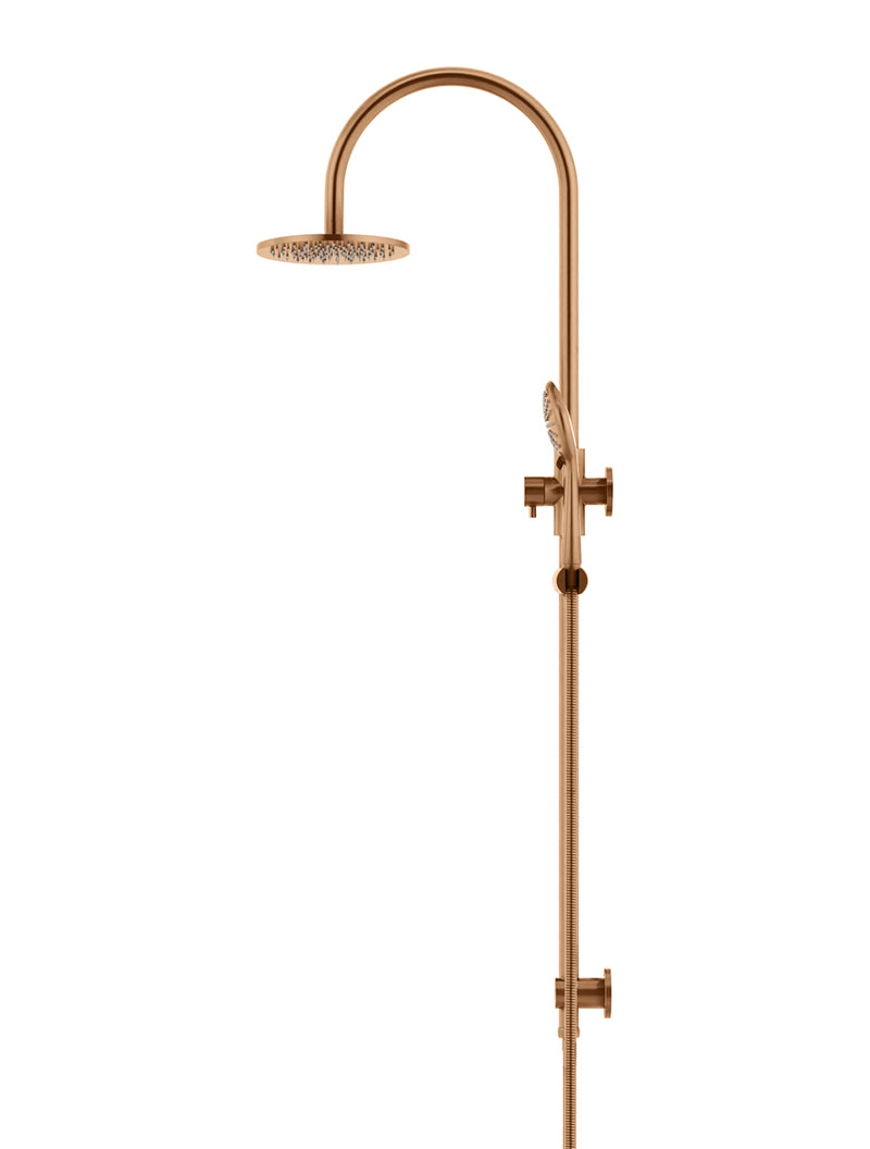 Meir Round Gooseneck Overhead Shower Set with 200mm Rose, Three-Function Hand Shower, Lustre Bronze