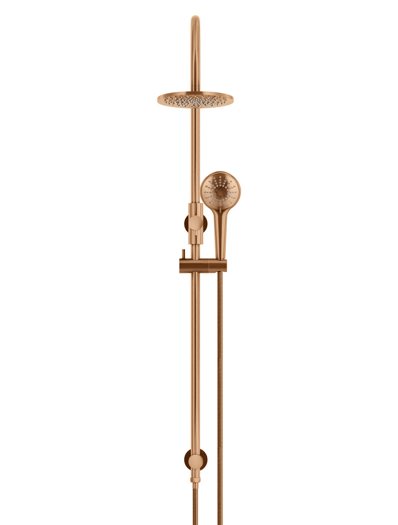 Meir Round Gooseneck Overhead Shower Set with 200mm Rose, Three-Function Hand Shower, Lustre Bronze
