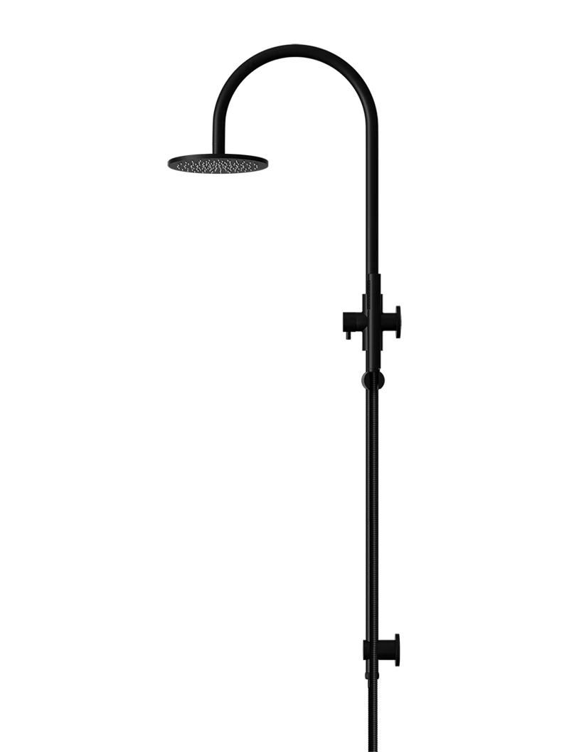 Meir Round Gooseneck Overhead Shower Set with 200mm Rose, Single-Function Hand Shower, Matte Black