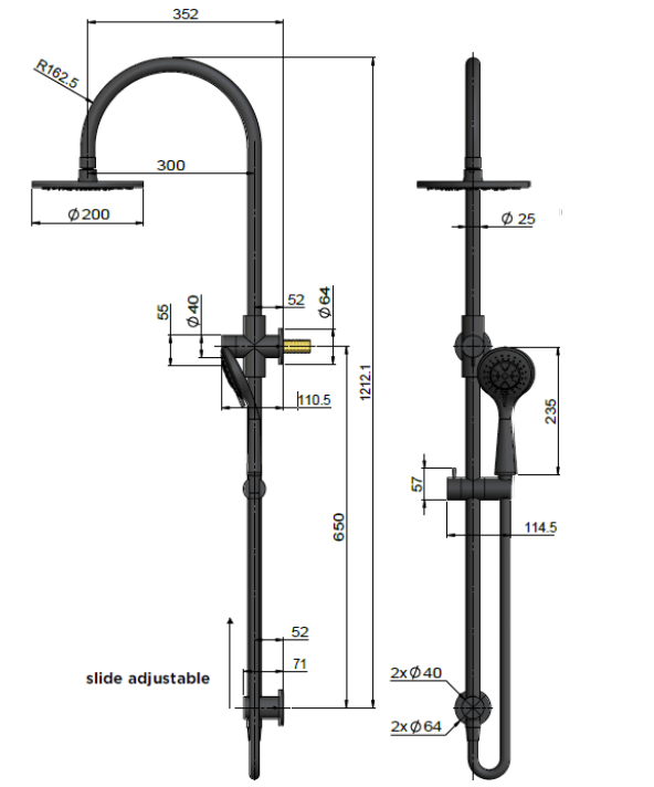 Meir Round Gooseneck Overhead Shower Set with 200mm Rose, Three-Function Hand Shower, Shadow