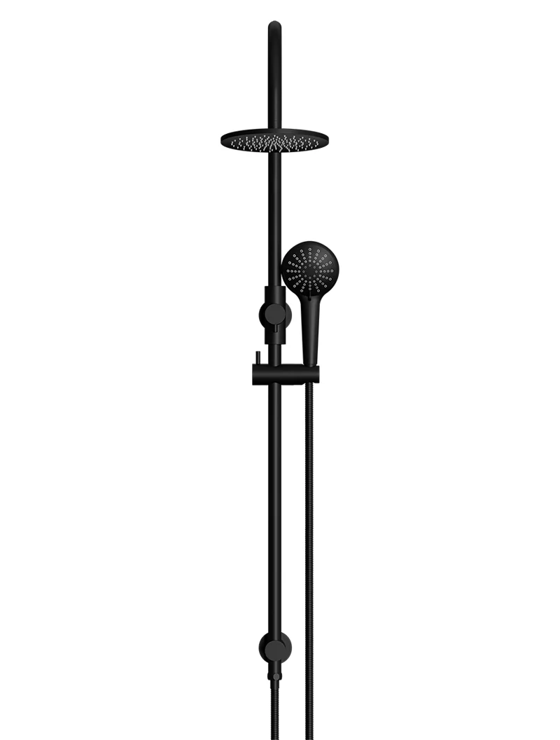 Meir Round Gooseneck Overhead Shower Set with 200mm Rose, Three-Function Hand Shower, Matte Black
