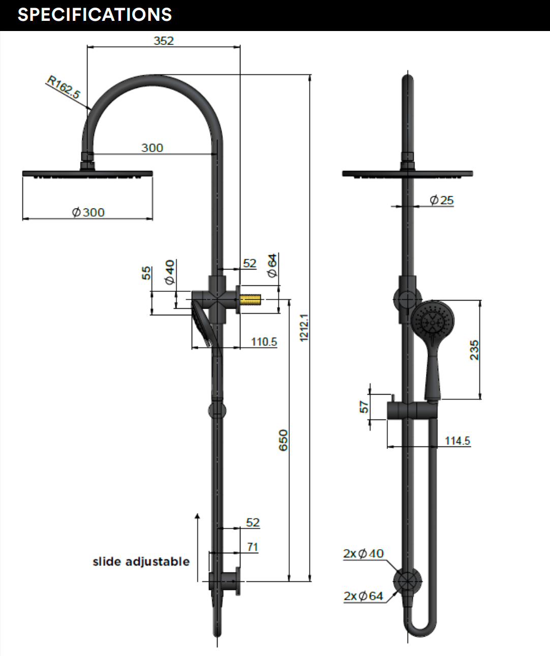 Meir 300mm Round Overhead Shower Rail, Three Function Hand Shower, Lustre Bronze
