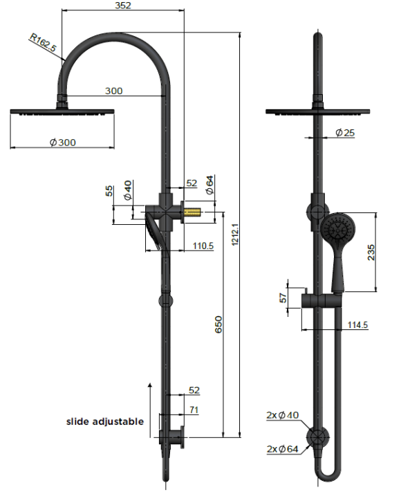 Meir 300mm Round Overhead Shower Rail, Three Function Hand Shower, Matte Black