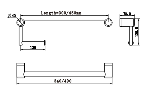 Nero Mecca Care 25mm Toilet Roll Rail 300mm, Gunmetal