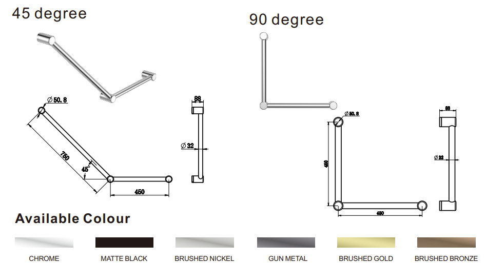 Nero Mecca Care 32mm Ambulant Toilet Grab Rail 45 Degree 750X450mm, B/Bronze