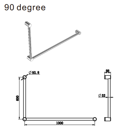 Nero Mecca Care 32mm Dda Grab Rail Set 90 Degree 600X1000mm, Chrome