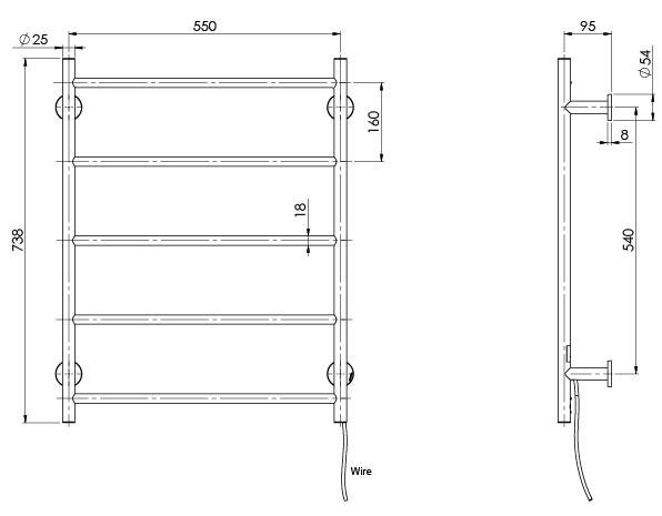 Phoenix Radii Heated Towel Ladder 550 x 740mm Round Plate, Chrome