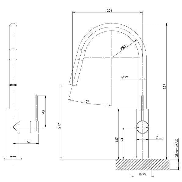 Phoenix Vivid Slimline Pull Out Sink Mixer 200mm, Brushed Gold