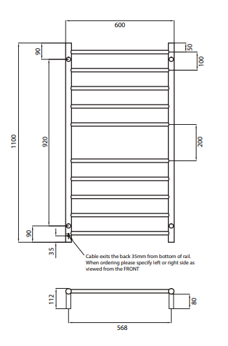 Radiant Heating 600 x 1100mm Rnd Heated Towel Rail LEFT, Brushed Satin