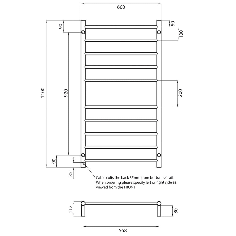 Radiant Heating Round Ladder Heated Bar 600x1100mm - Left, Brushed Nickel