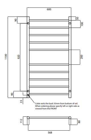 Radiant Heating 600 x 1100mm Rnd Heated Towel Rail RIGHT, Gunmetal Grey