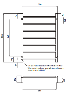 Radiant Heating 600 x 800mm Rnd Heated Towel Rail LEFT, Oil Rubbed Bronze