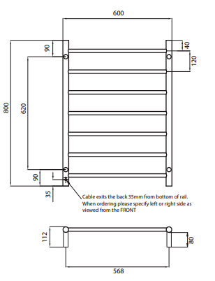 Radiant Heating 600 x 800mm Rnd Heated Towel Rail RIGHT, Polished