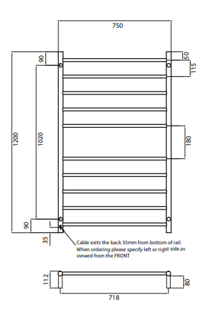 Radiant Heating 750 x 1200mm Rnd Heated Towel Rail RIGHT, Polished