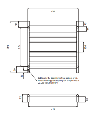 Radiant Heating 750 x 750mm Rnd Heated Towel Rail RIGHT, Brushed Satin