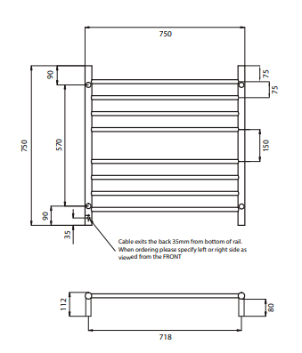 Radiant Heating 750 x 750mm Rnd Heated Towel Rail RIGHT, Gunmetal Grey