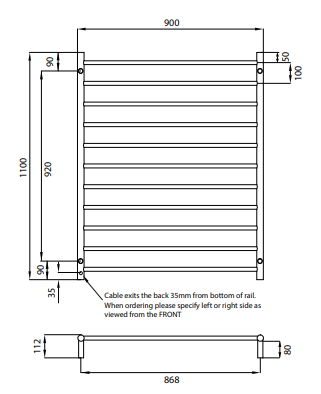 Radiant Heating 900 x 1100mm Rnd Heated Towel Rail LEFT, Polished