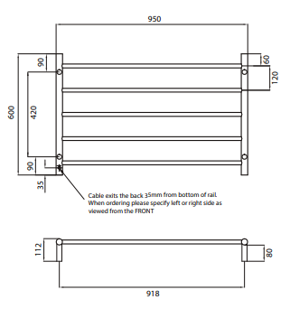 Radiant Heating 950 x 600mm Rnd Heated Towel Rail LEFT, Brushed Satin