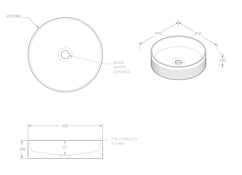 Adp Round Fluted Above Counter Basin, Gloss White