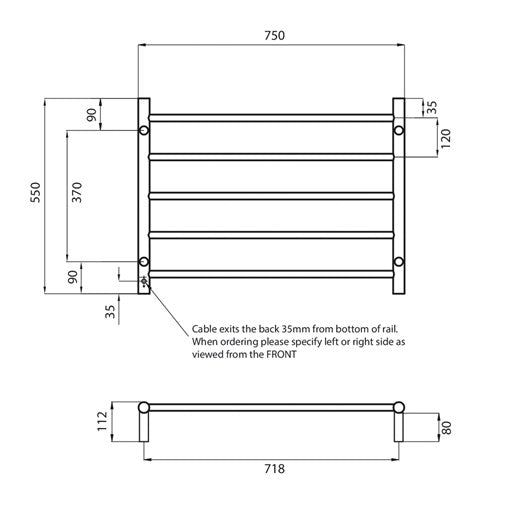 Radiant Heating 750 x 550mm Rnd Heated Towel Rail LEFT, Gunmetal Grey