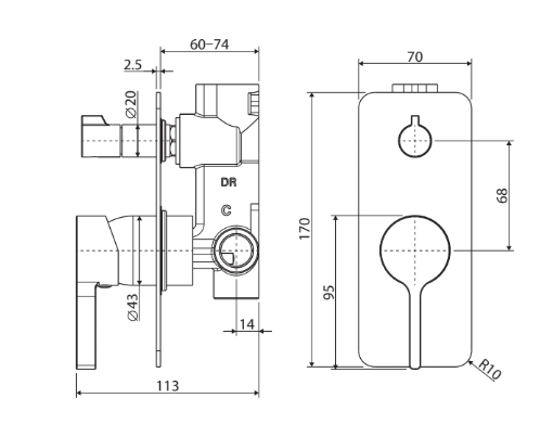 Fienza Sansa Wall Diverter Mixer Rectangular Plate Gunmetal
