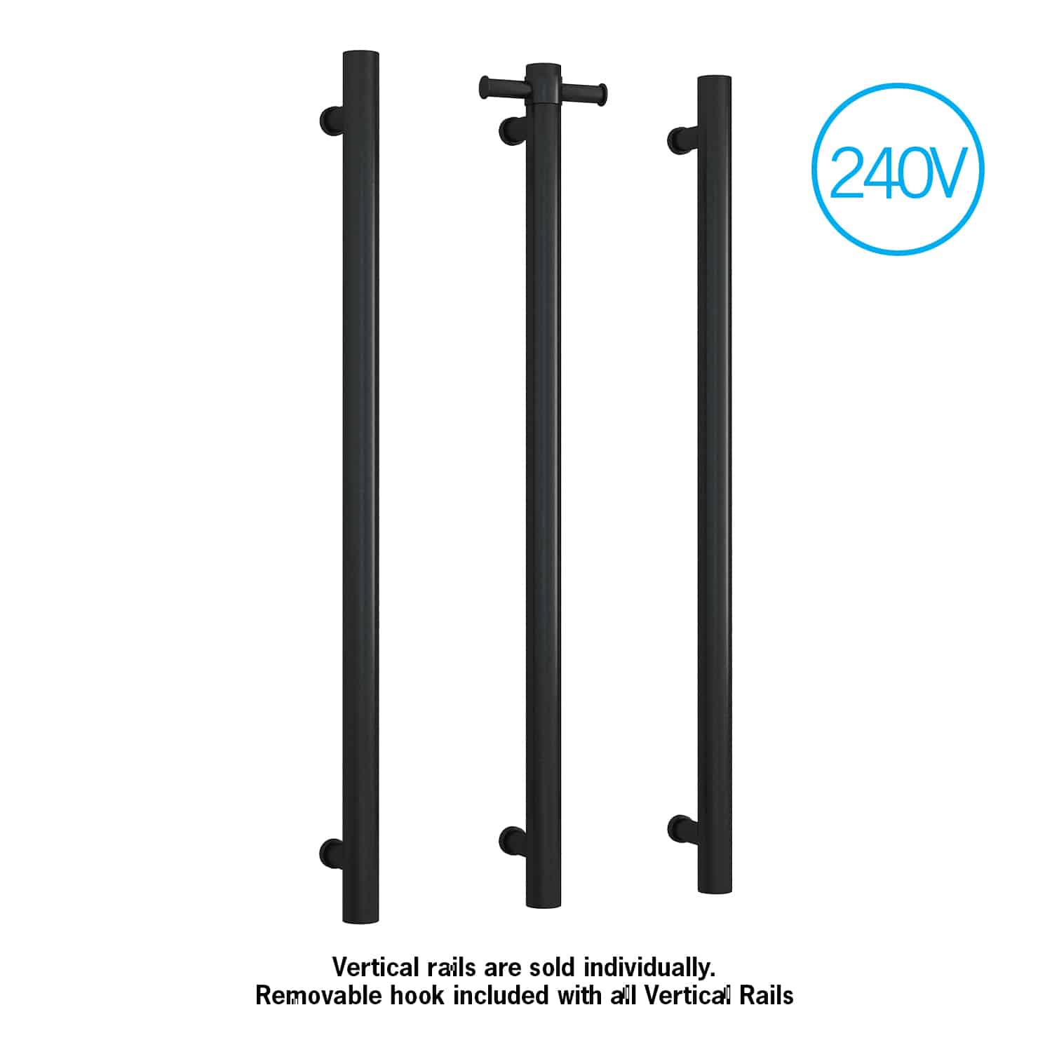 Thermogroup Thermorail Vertical Round 240Volt Heated Towel Rail, Matte Black