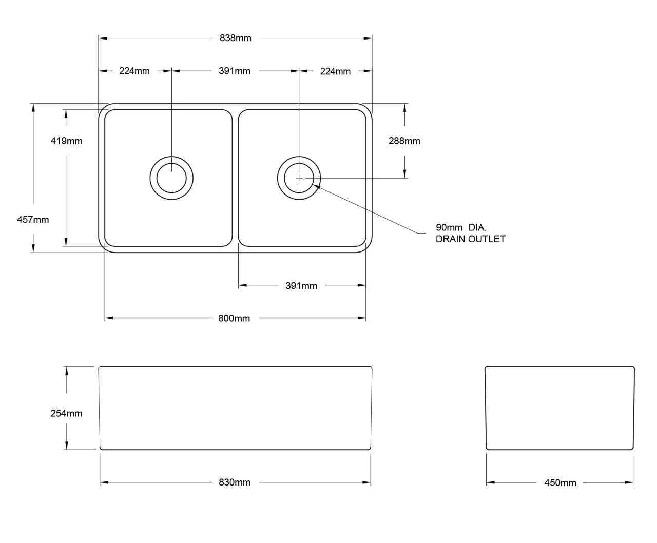 Turner Hastings Novi 85x46 Double Bowl Fireclay Butler Sink, Matte Black