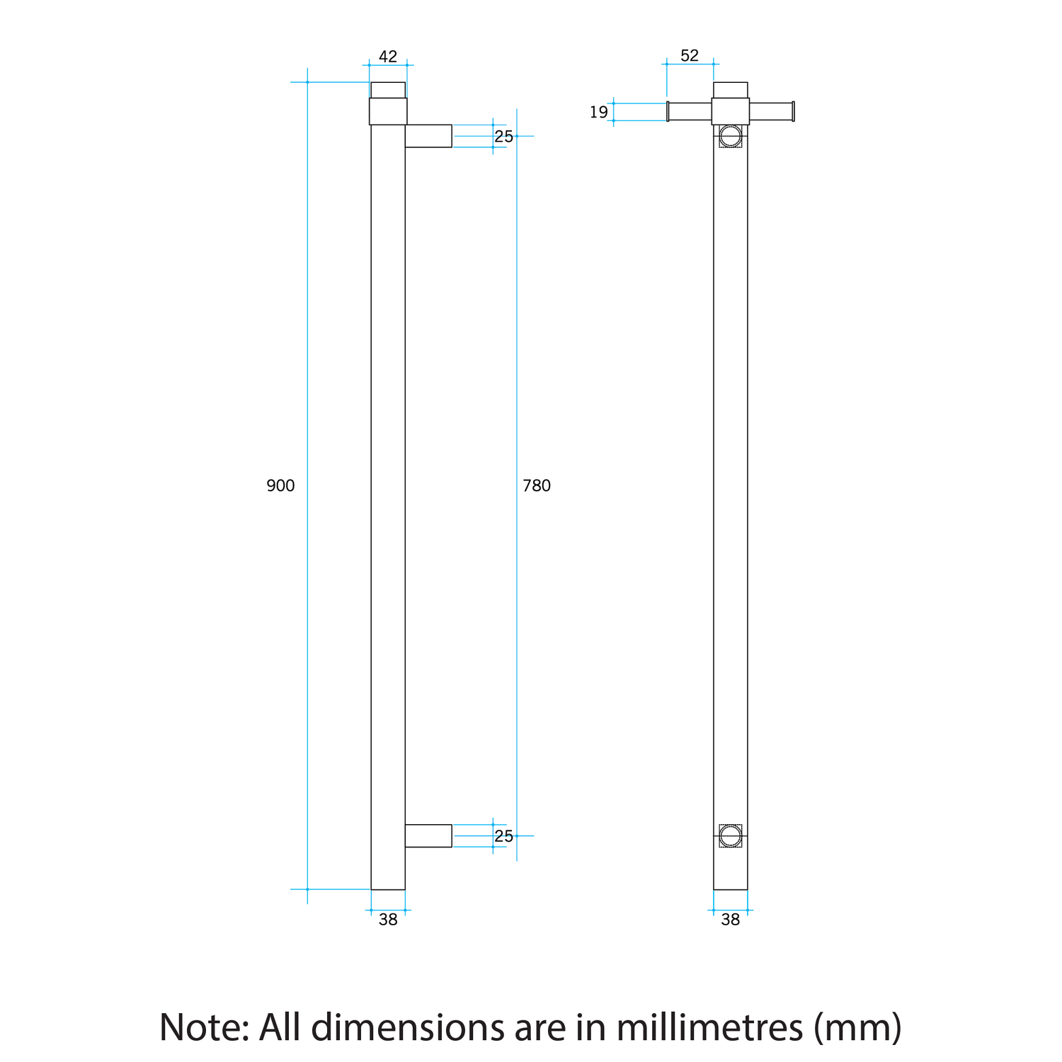 Thermogroup Thermorail Vertical Square 12Volt Heated Towel Rail, Polished Stainless Steel