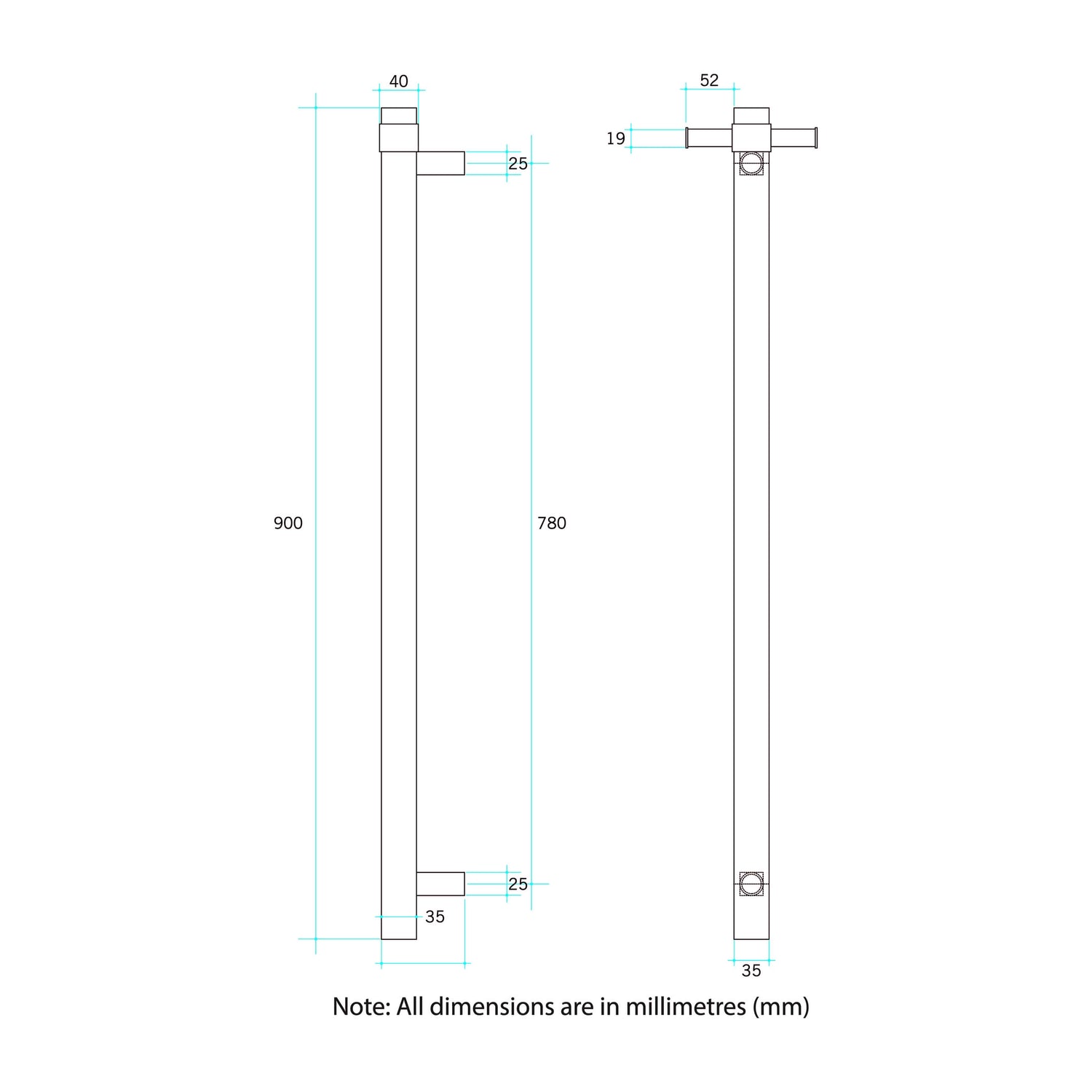 Thermogroup Thermorail Vertical Square 12Volt Heated Towel Rail, Matte Black